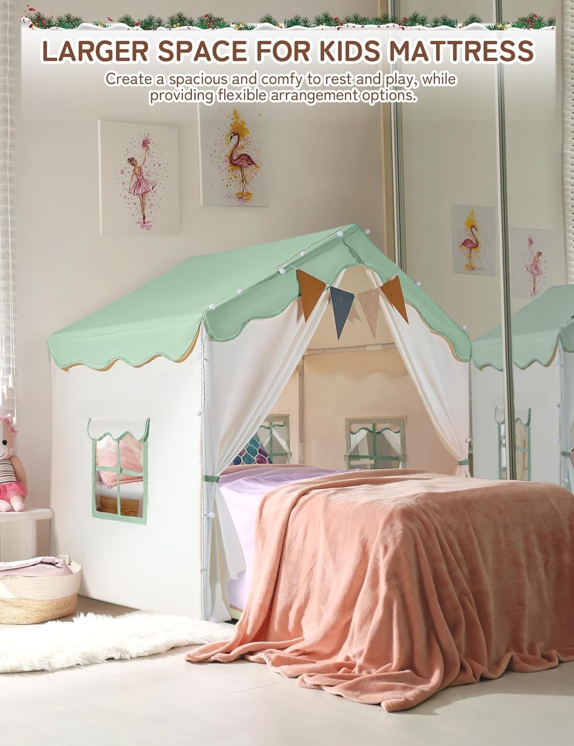 Kids 2in1 Playhouse Tent Bed Canopy with Lights Padded Indoor Green