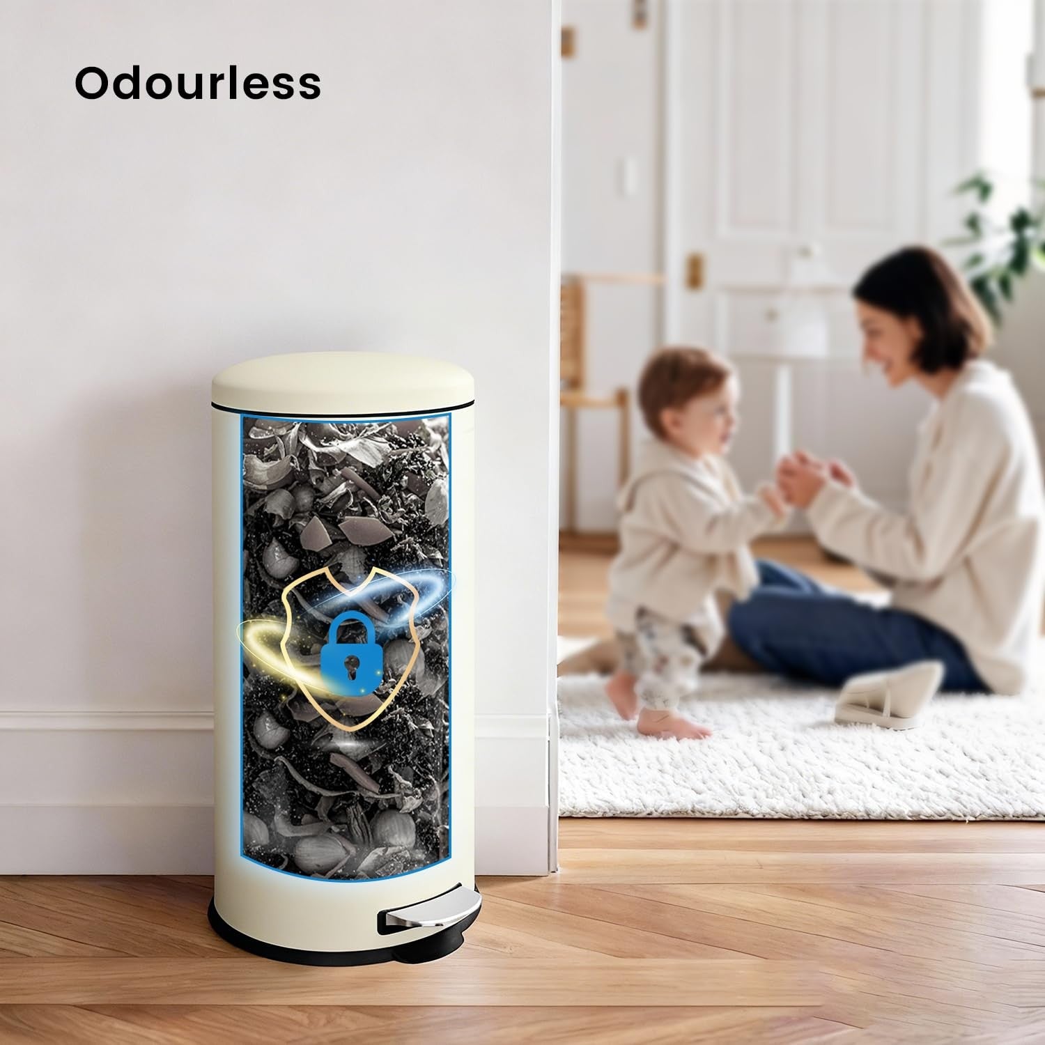 30L Round Stainless Steel Pedal Bin Soft Close Kitchen Cream