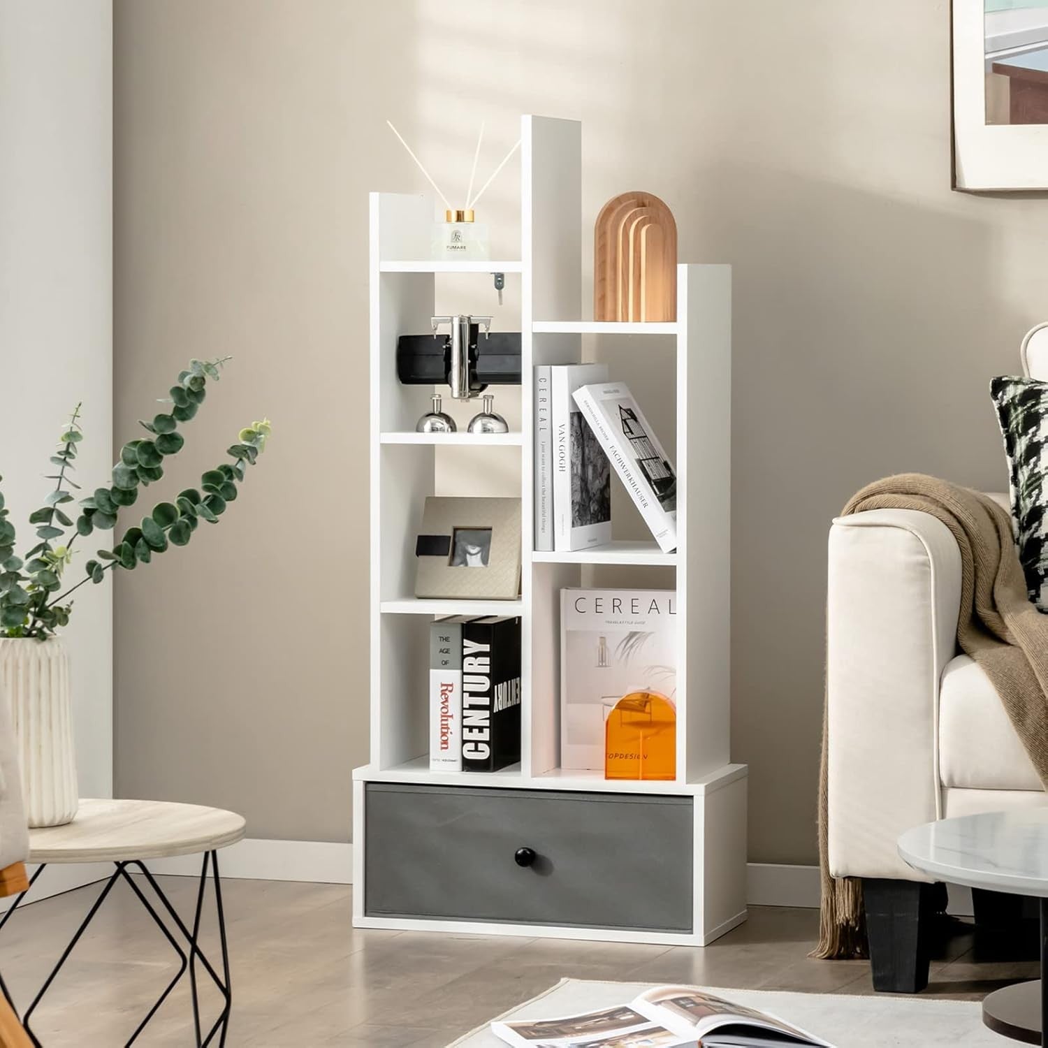 White Tree-Shaped Tall Bookcase 7 Cube Storage Shelf with Drawer 53×24×118cm