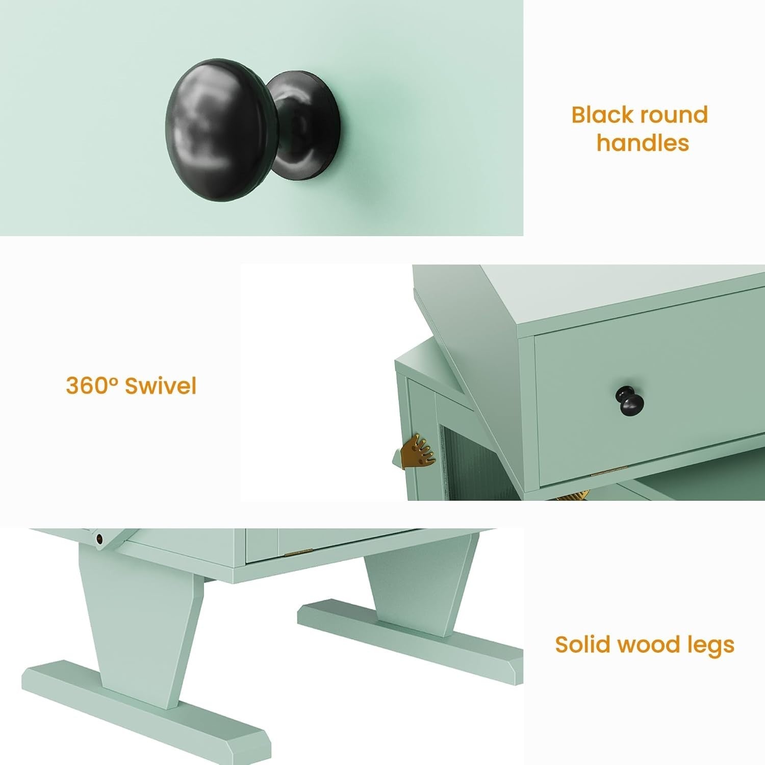 Modern LED Nightstand with Storage, Rotating Drawer & Glass Door, Green