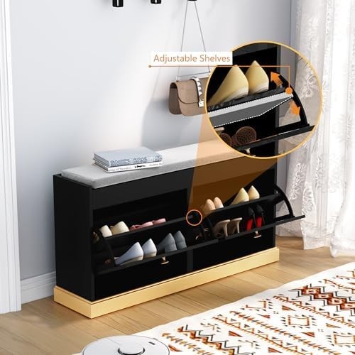 Black Shoe Storage Bench with Cushion Flip Drawer Modern Hallway Cabinet