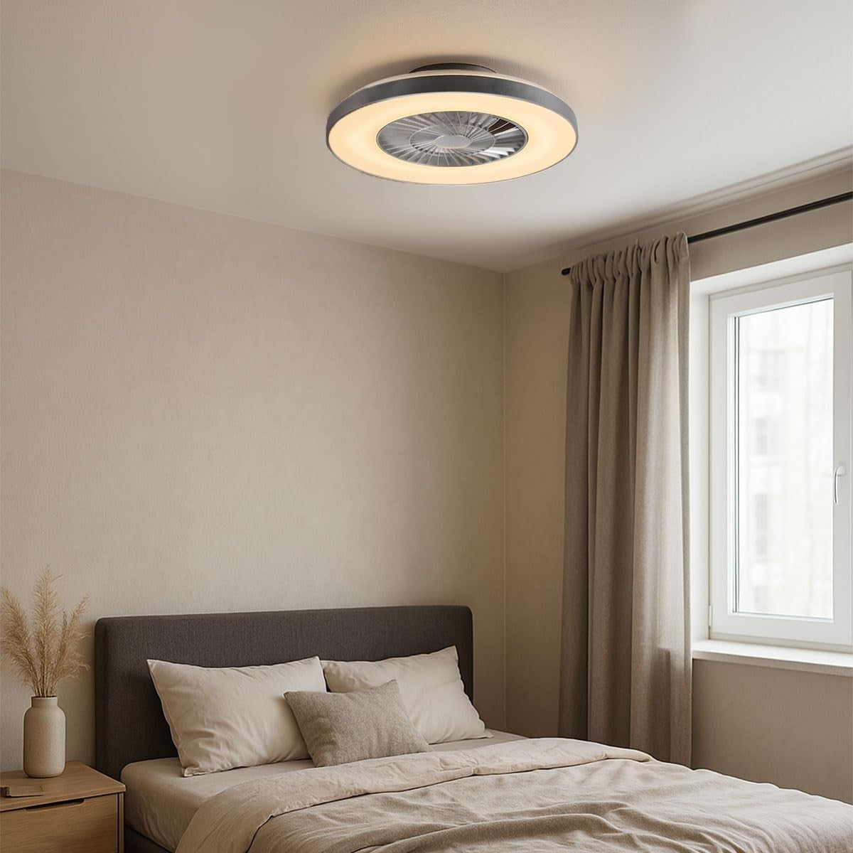 Qazqa Climo 59CM Ceiling Fan with LED Light, Dimmable, Silver, Remote