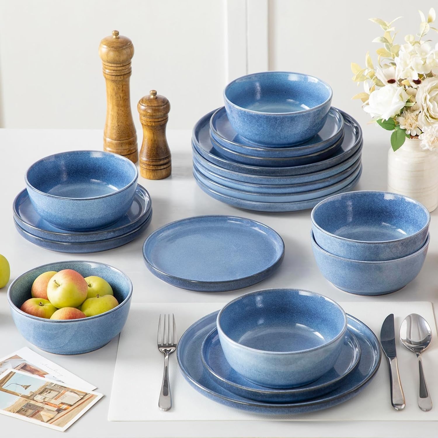 18pc Ceramic Dinner Set Blue Plates Bowls Microwave Dishwasher Safe