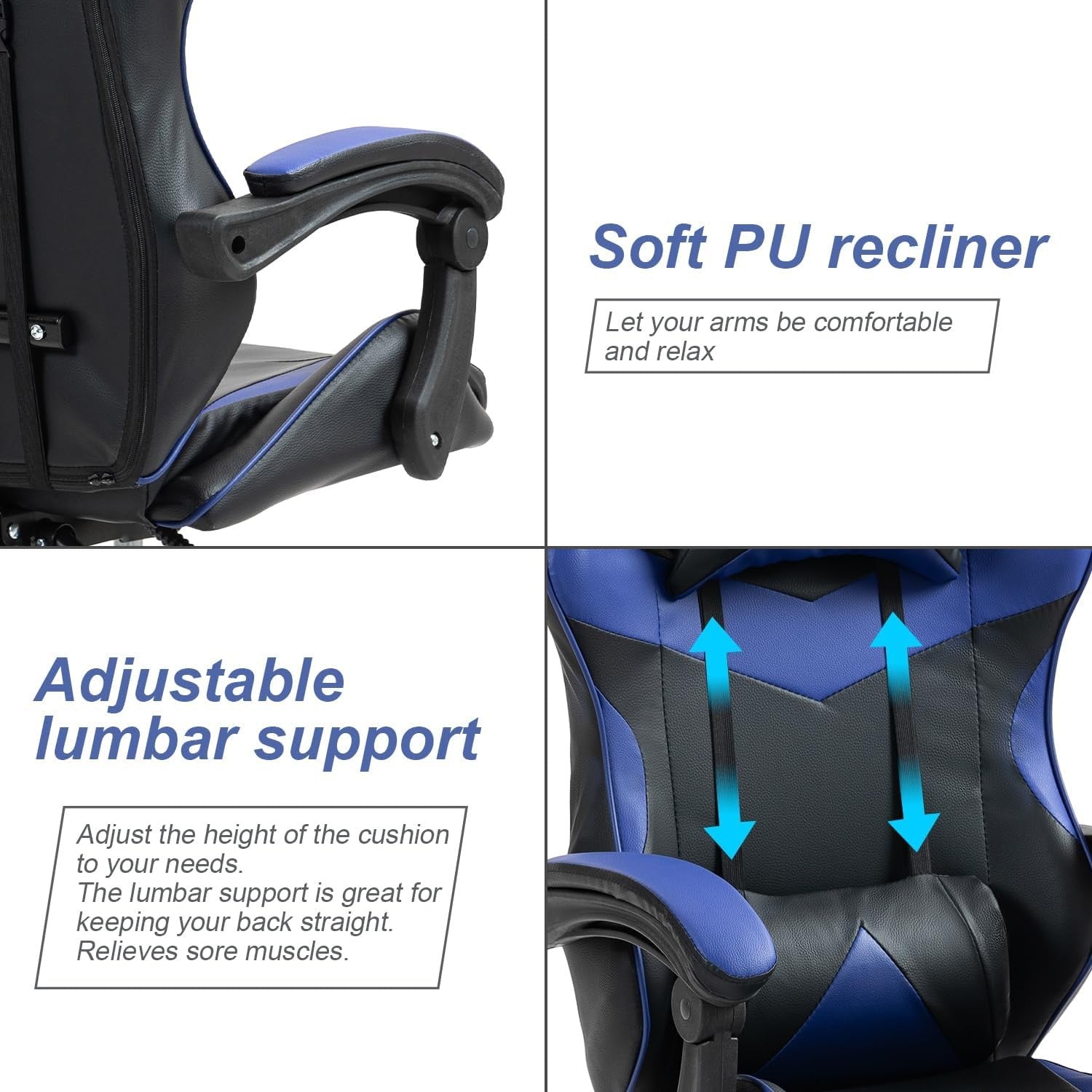 Heavy Duty Gaming Chair Blue PU Leather Reclining Swivel