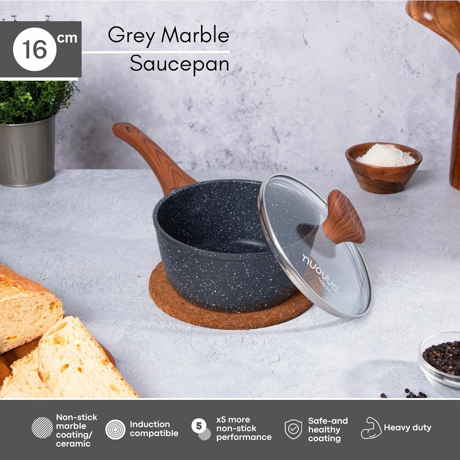 16cm Non-Stick Marble Saucepan with Glass Lid Induction & Gas Ready