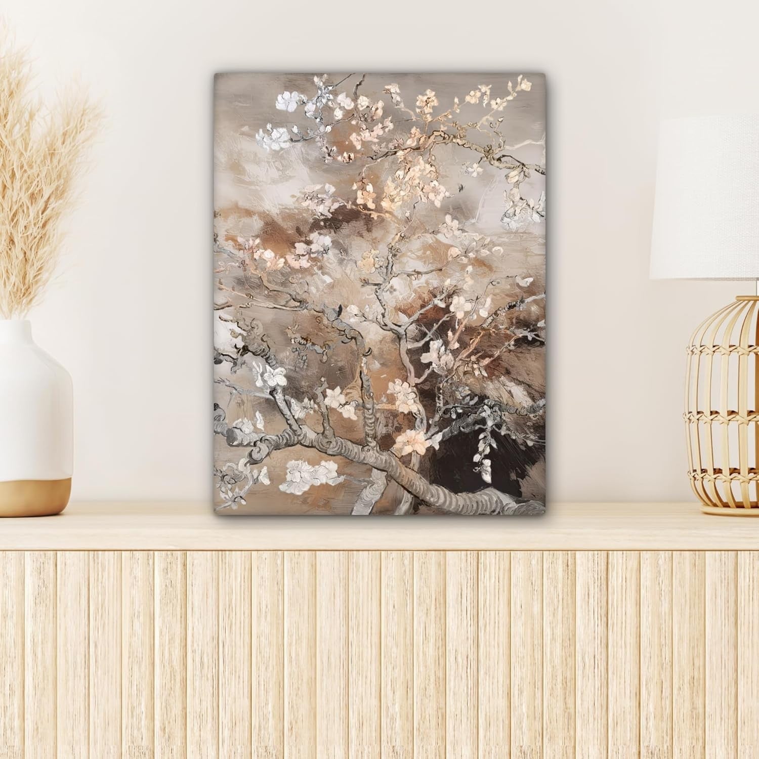 Almond Blossom Canvas Wall Art 30x40cm Framed Beige Abstract