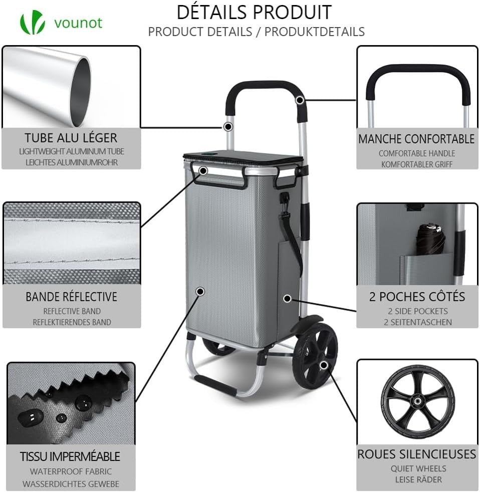 58L Folding Shopping Trolley Grey Aluminium Basket with Insulated Bag