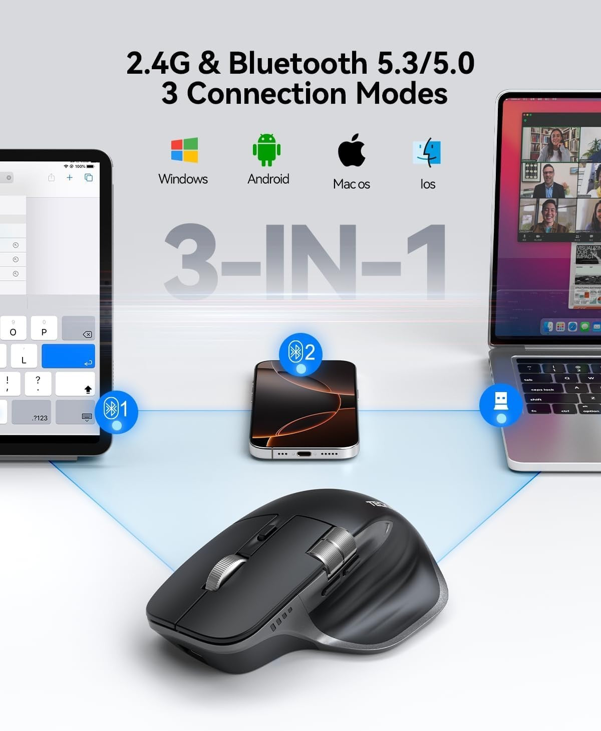 Bluetooth Wireless Mouse Thumb Scroll Rechargeable Silent Ergonomic PC Laptop