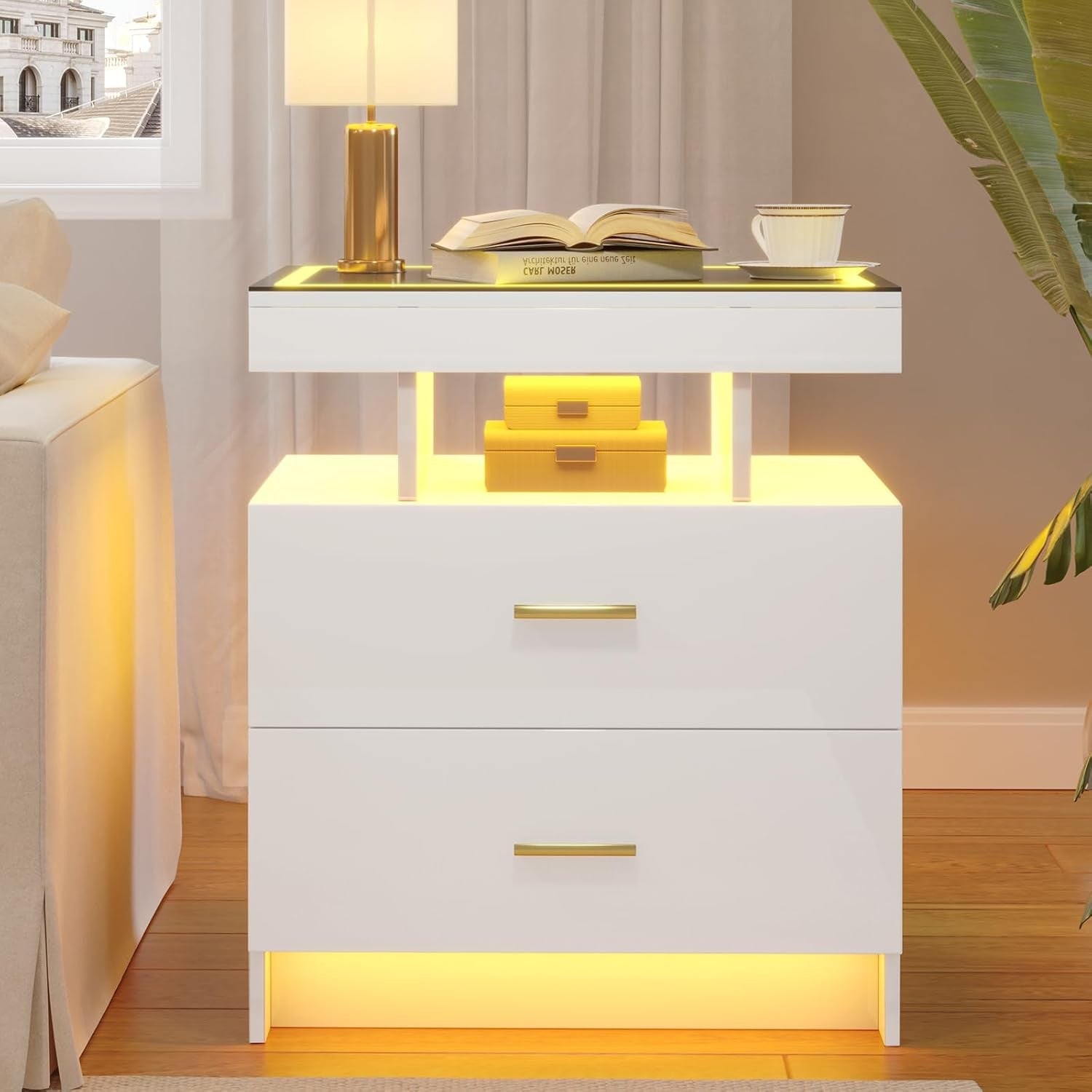 White LED Bedside Table with Wireless Charging, Glass Top & 2 Drawers Modern