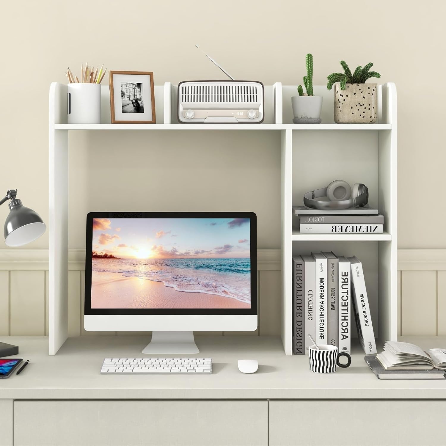 3-Tier Desktop Hutch Bookshelf Space-Saving Desk Organizer Shelf White