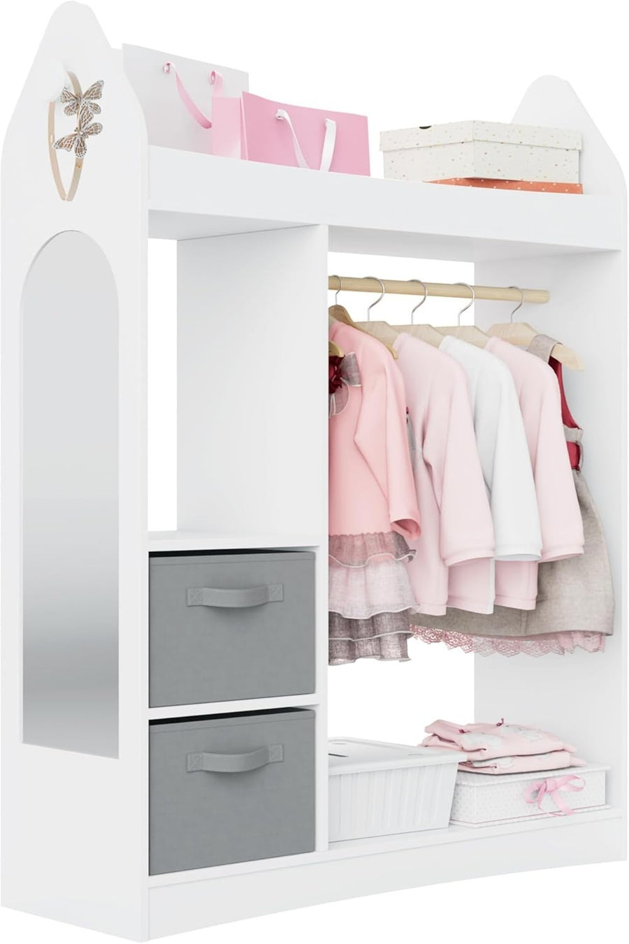 Kids Wardrobe with Mirror, Hanging Rail & 2 Drawers, White Rocket Design