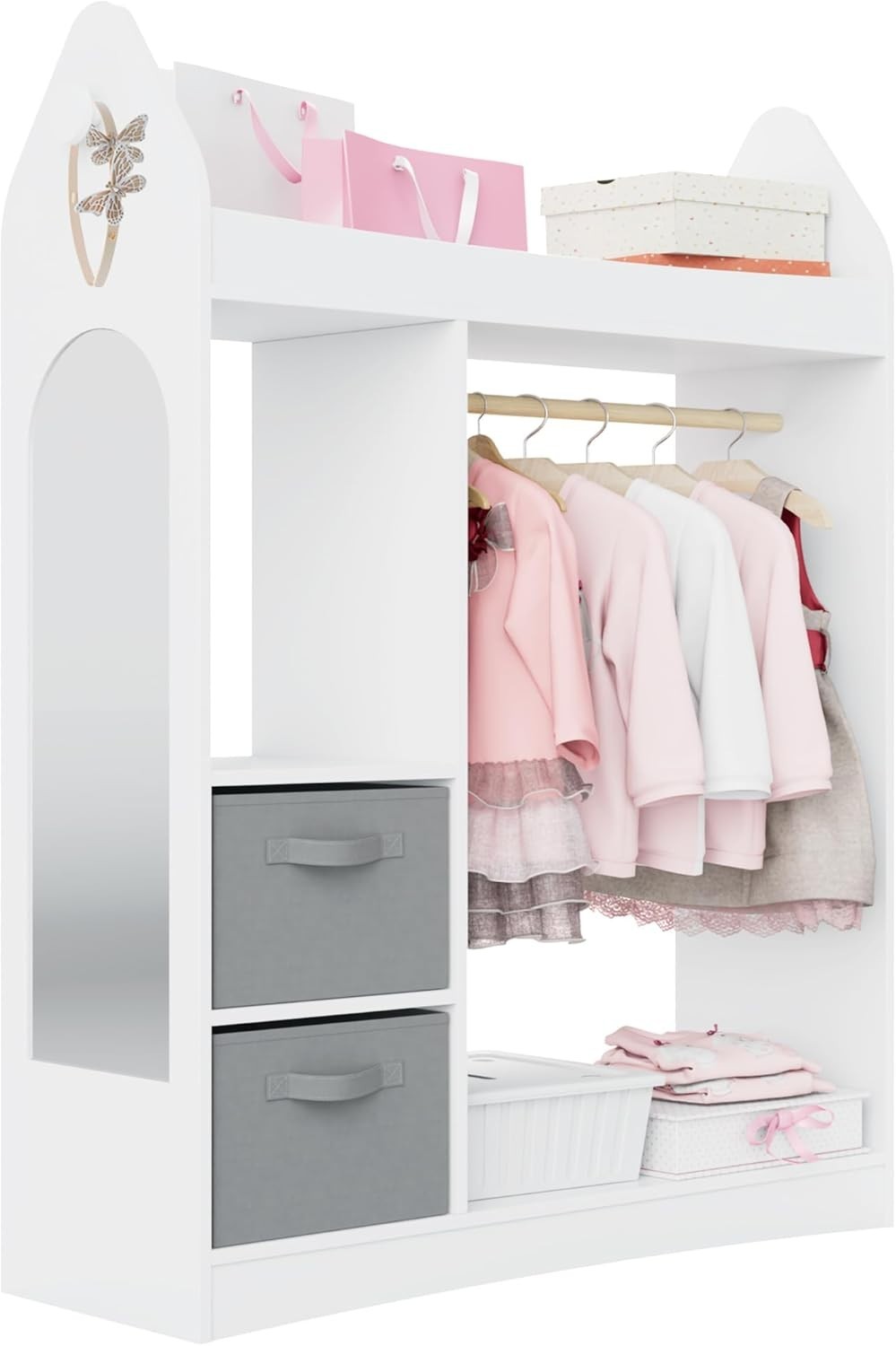 Kids Wardrobe with Mirror, Hanging Rail & 2 Drawers, White Rocket Design