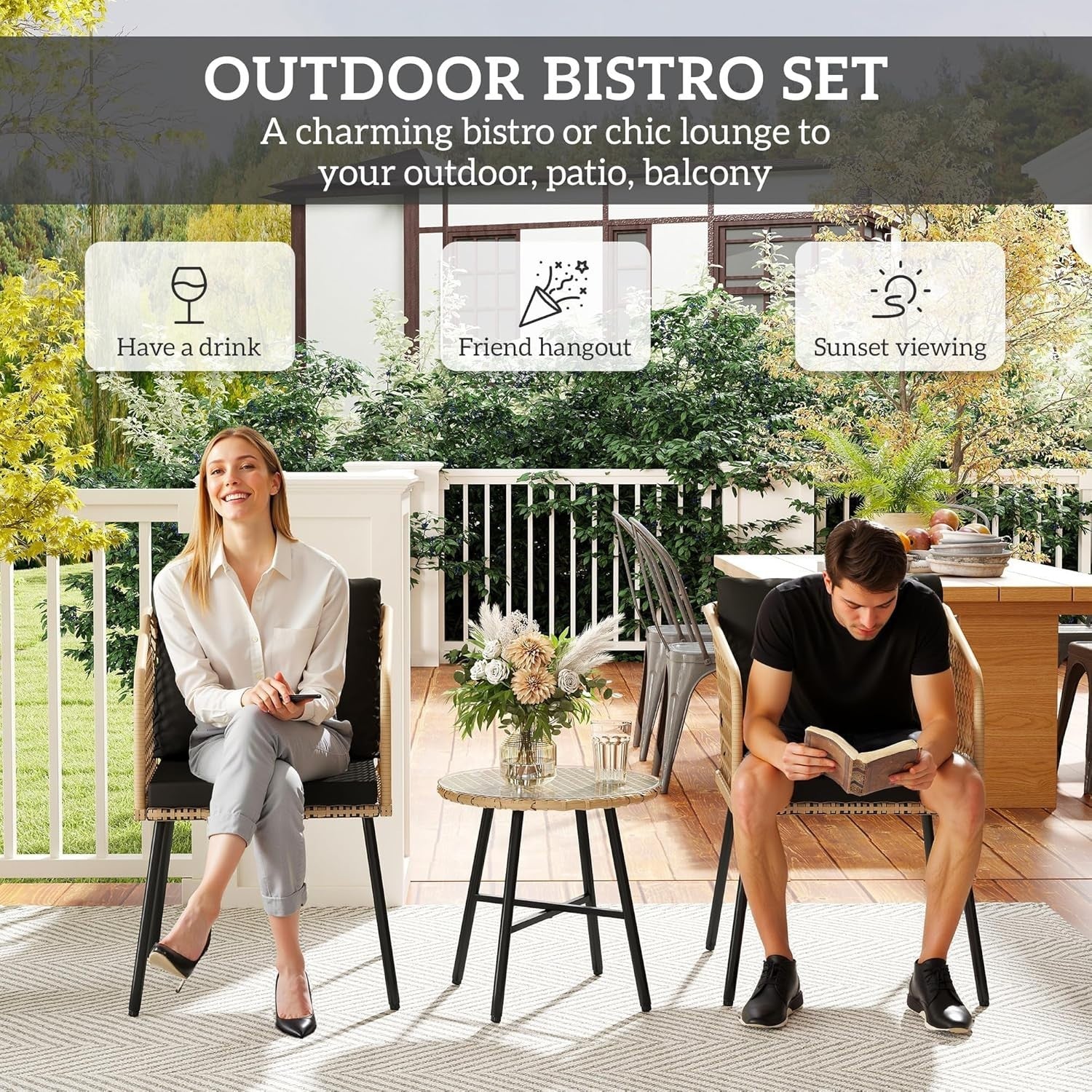3 Piece Rattan Bistro Set Patio Chairs with Glass Table Balcony Seating