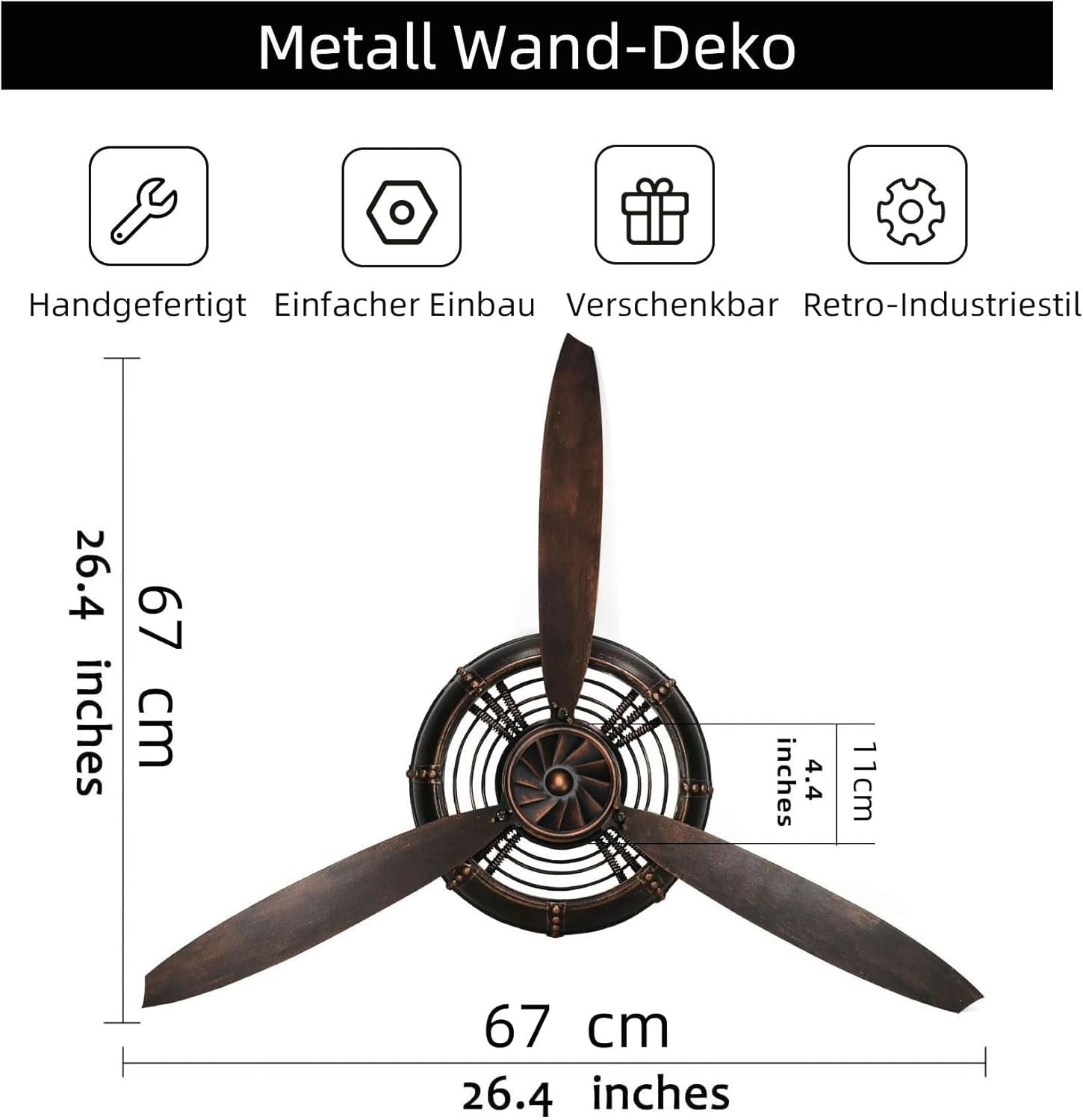 3D Metal Propeller Wall Art Black Retro Decor
