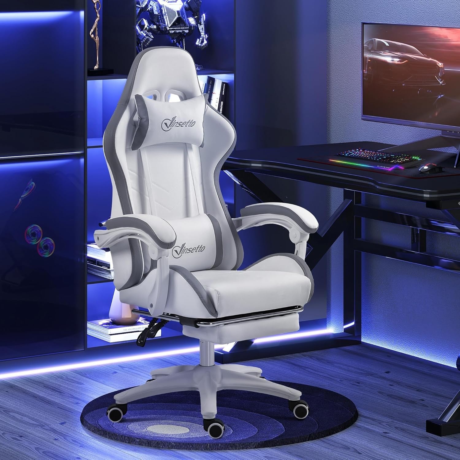 Gaming Chair PU Leather Recliner w/ Footrest 135° Swivel White