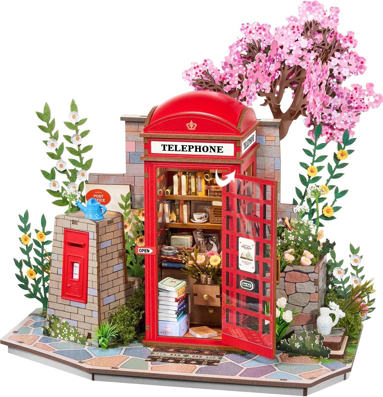 3D Wooden Telephone Box Book Nook Kit LED Miniature Library Decor