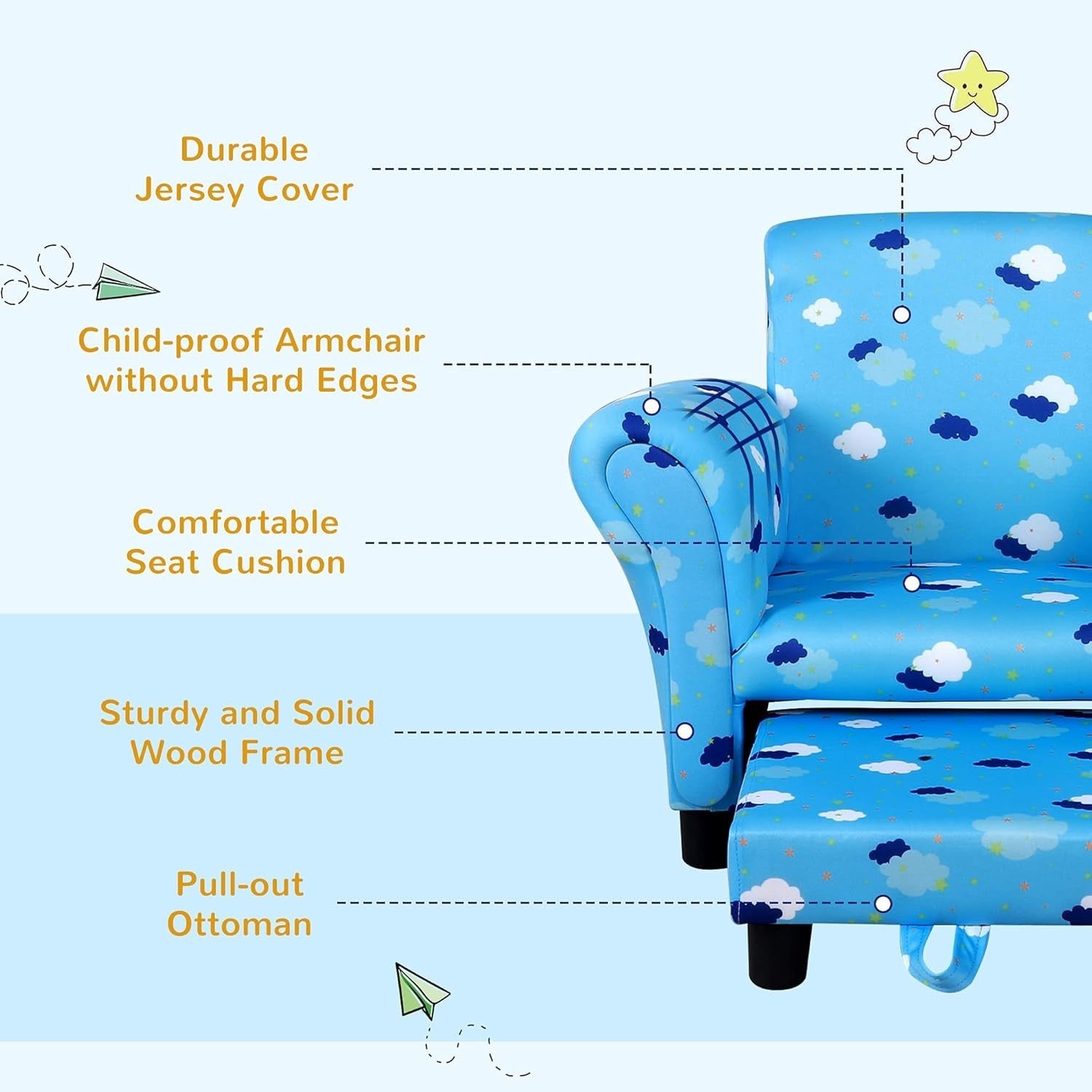 Toddler Armchair with Footrest Kids Sofa Chair Blue Cloud Star Design 18-36M