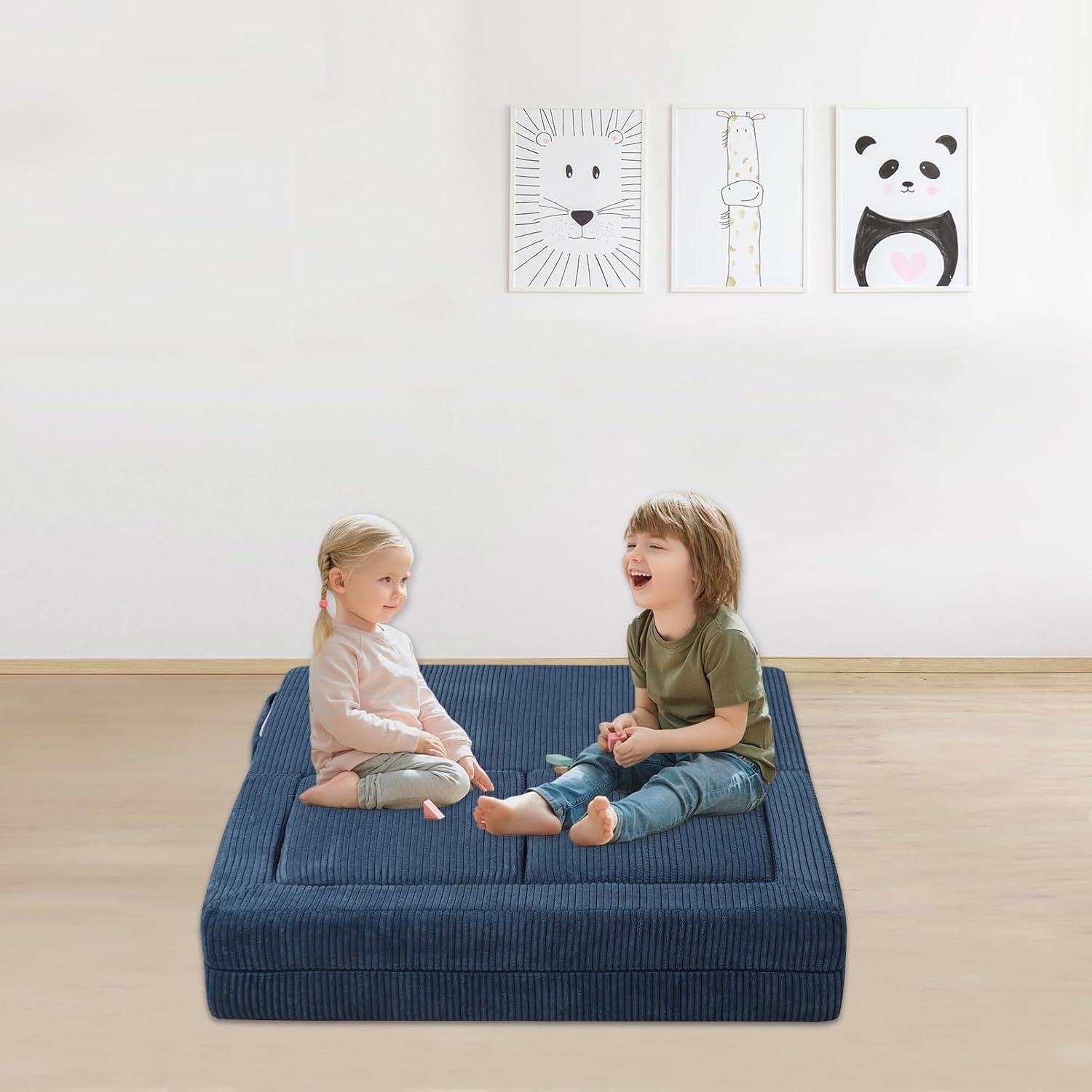 Kids Sofa Bed 2-Seater Foam Couch with Cushions, Versatile Play & Rest Blue