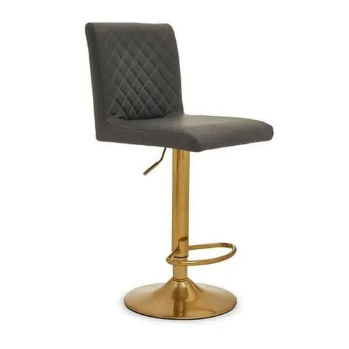 Grey PU Leather Bar Stool Gold Base Swivel Chair Tufted Back Counter Seat