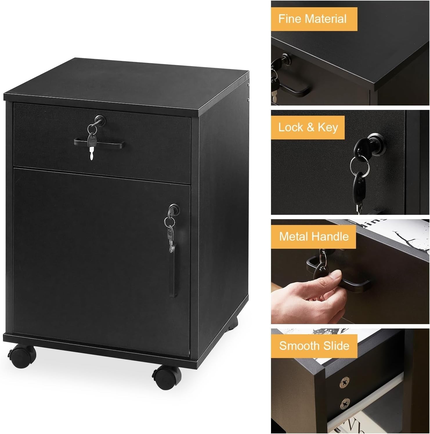 Black Mobile File Cabinet 40cm Lockable Under Desk Printer Stand
