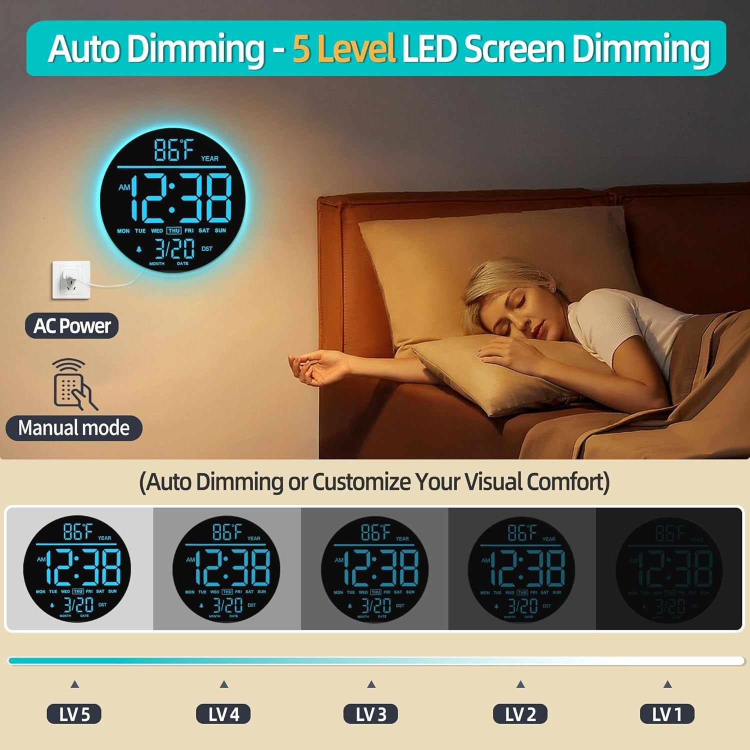 Black Blue 10″ RGB Digital Wall Clock LED Large Display Remote Temperature