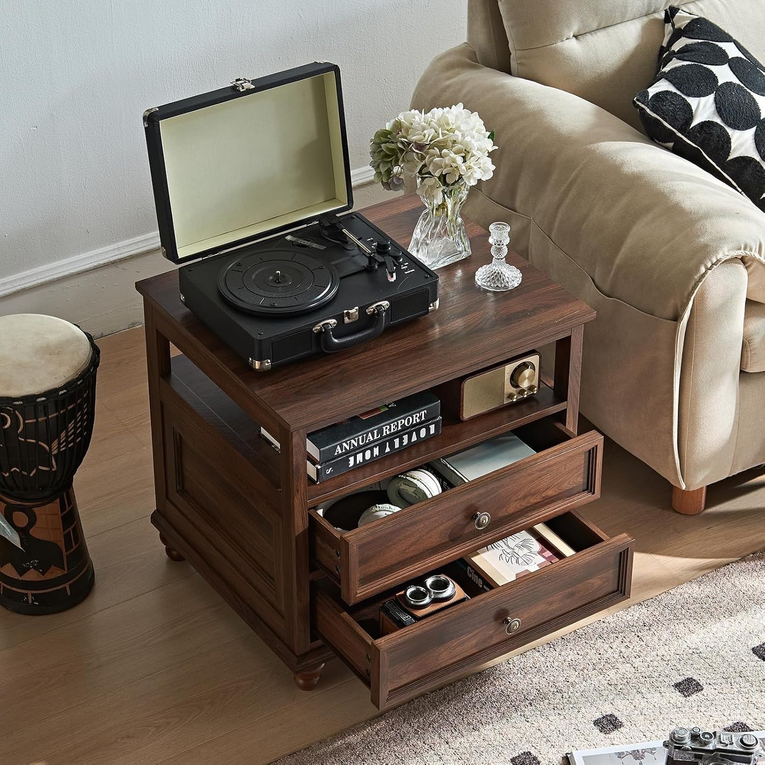 Brown Wooden Bedside Table with Drawers & Shelf