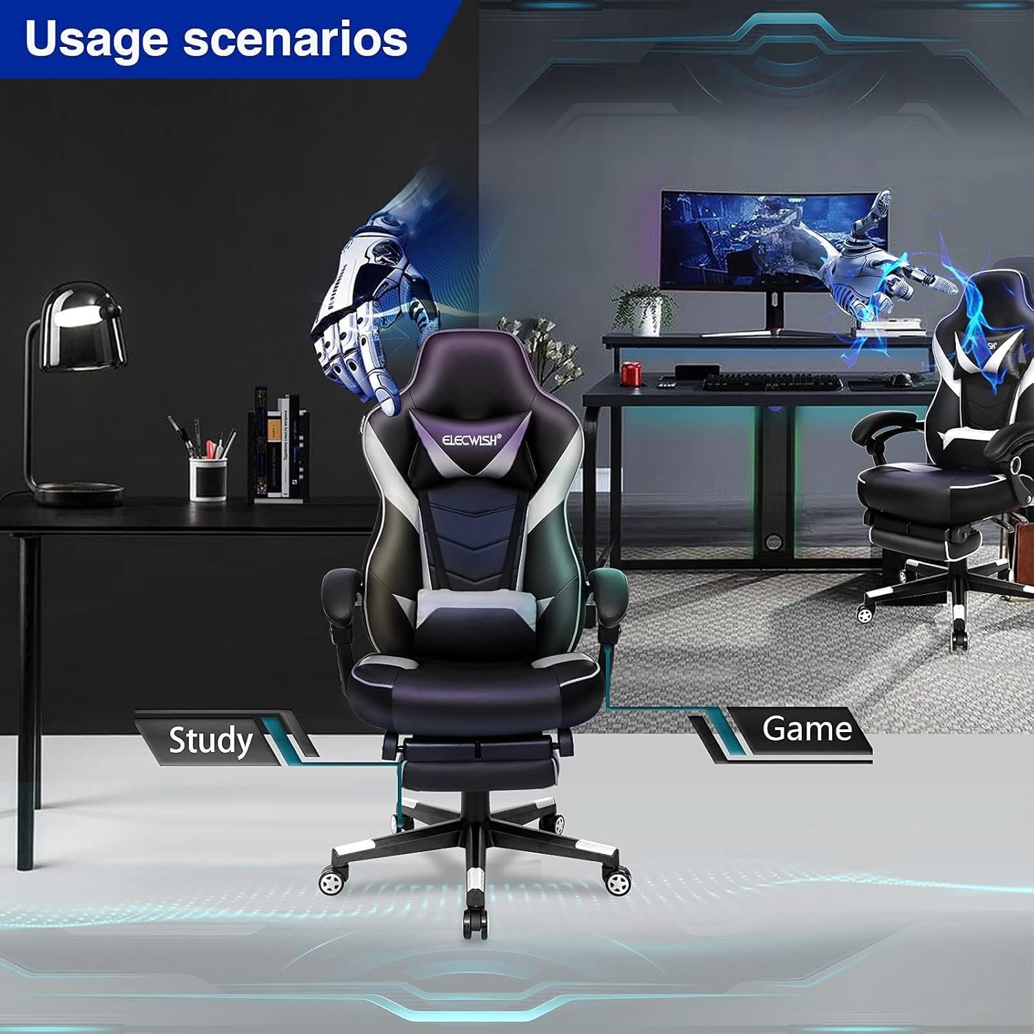 Gaming Chair w/ Footrest Reclining PU Leather White