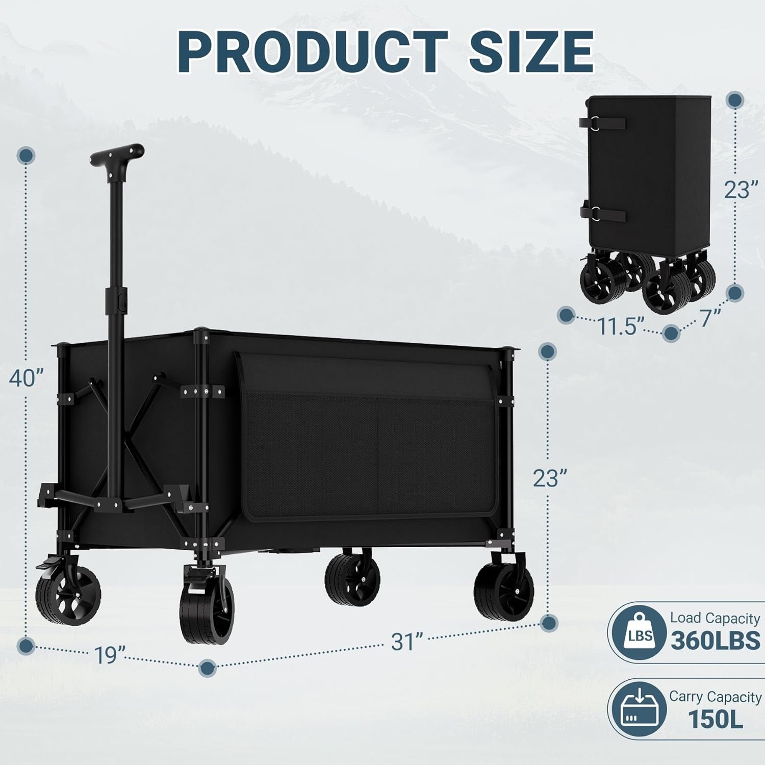150L Heavy Duty Folding Garden Wagon Trolley All-Terrain Wheels Camping Cart
