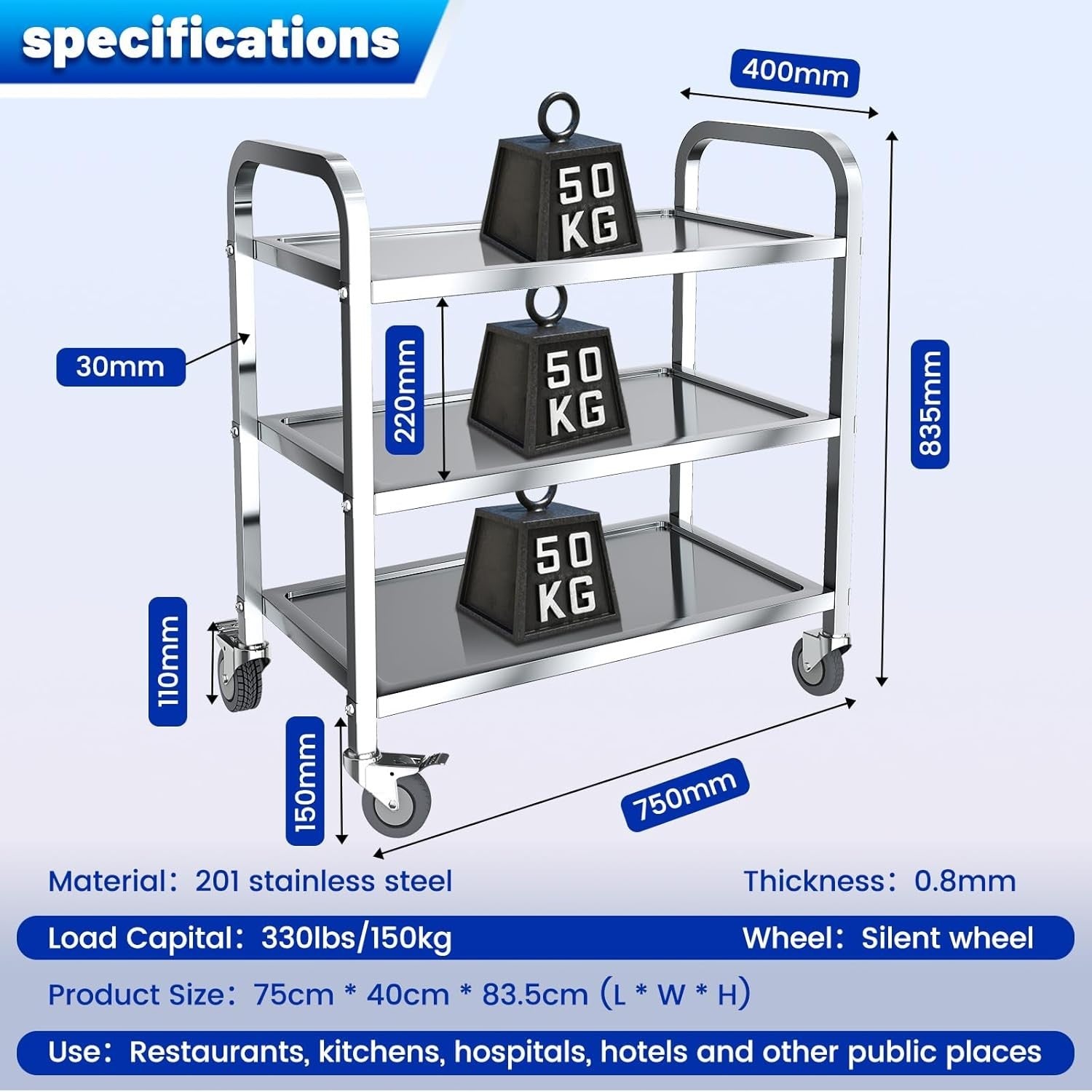 3 Tier Stainless Steel Catering Trolley 500KG