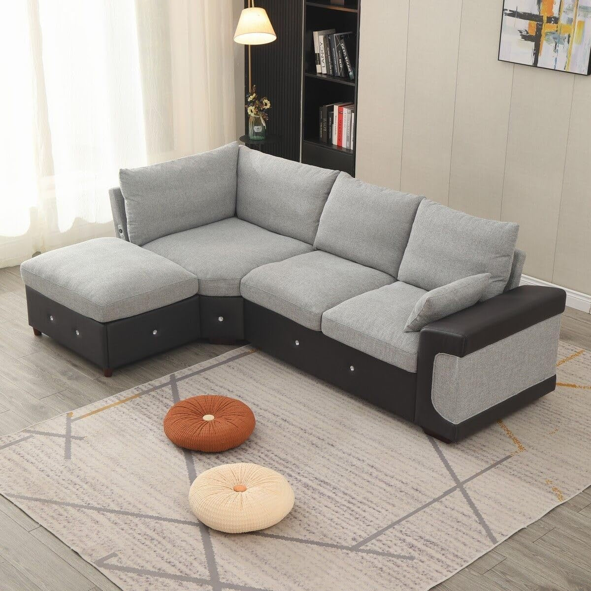 4 Seater Corner Sofa with USB Port & Chaise – Linen & Faux Leather