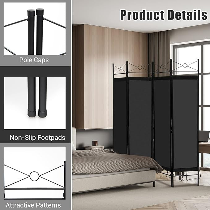 Black 4 Panel Folding Room Divider – Freestanding Privacy Screen with Removable