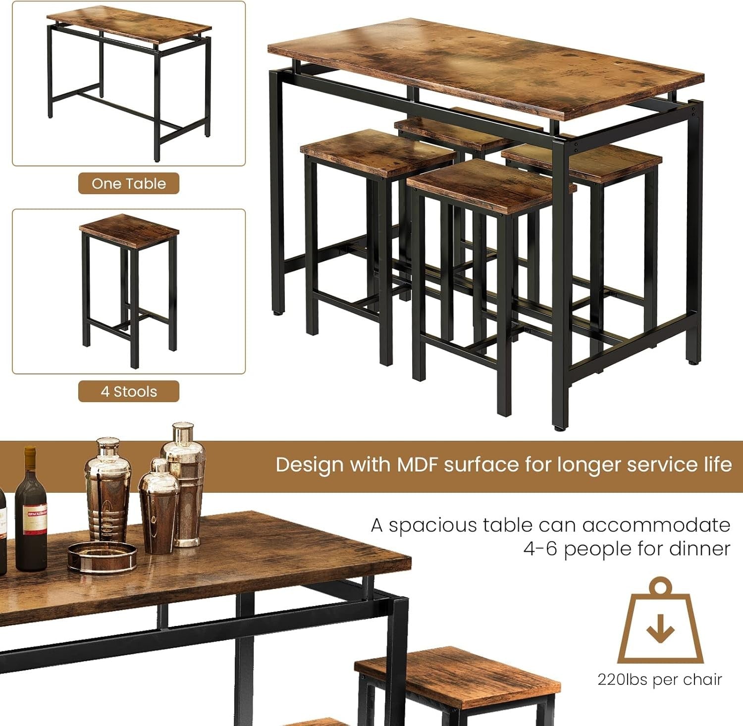 Rustic Brown 5-Piece Counter Height Dining Table Set with 4 Stools Space Saving