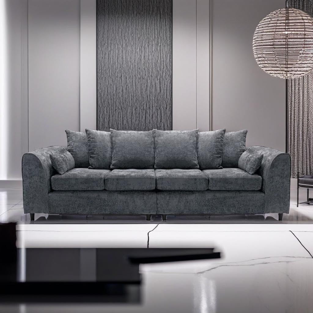 Modern 4 Seater Straight Sofa Grey Alaska Fabric Scatter Back Cushions Comfy