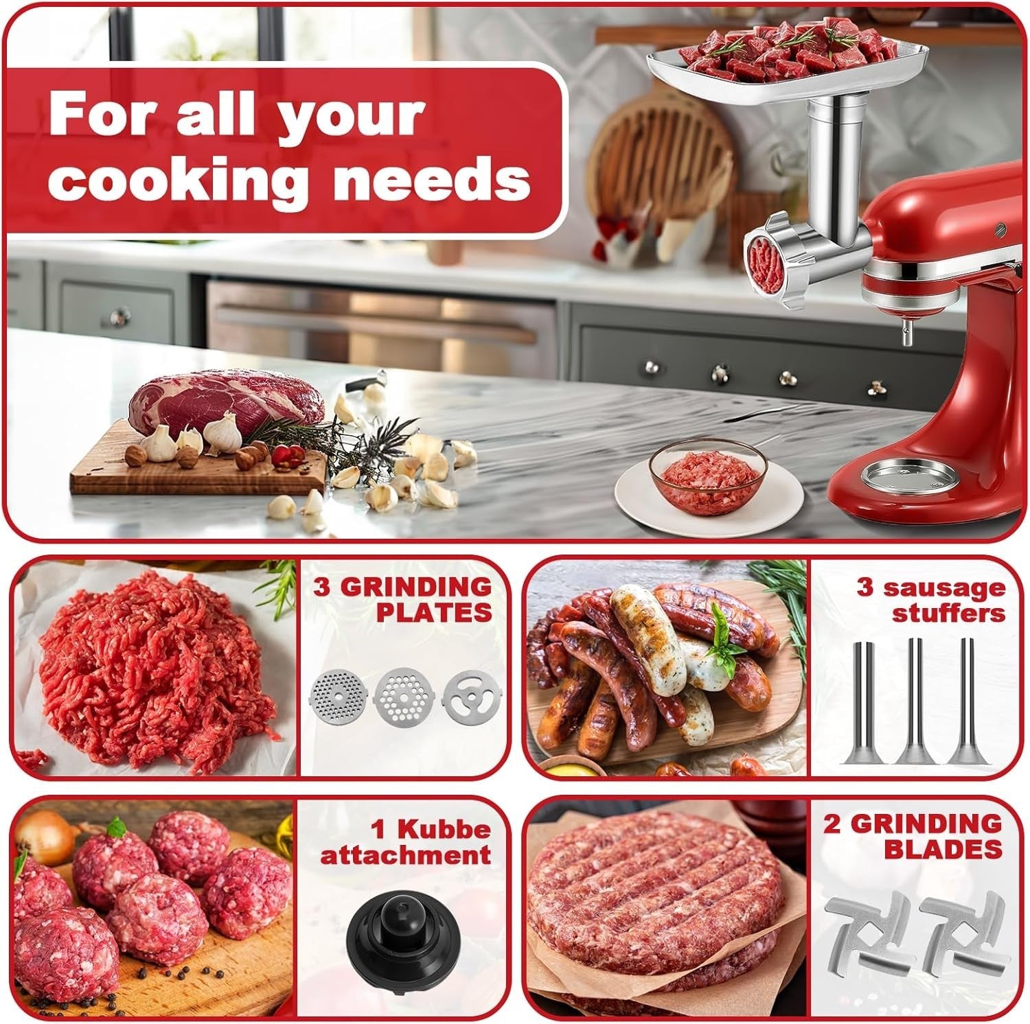Stainless Steel Food Grinder Attachment 4 Plates 3 Sausage Tubes