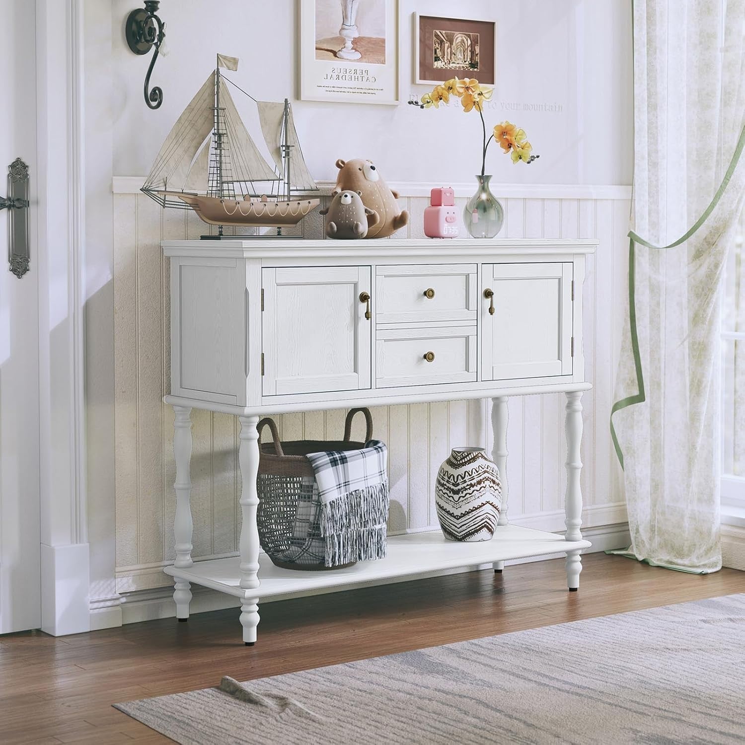 White Wooden Console Table with Drawers & Storage, Hallway Entryway, 35.5"D