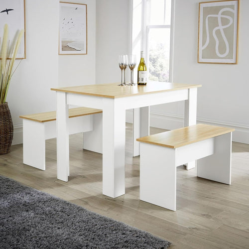 Modern White Kitchen Dining Table & 2 Benches – Compact, Easy Assembly
