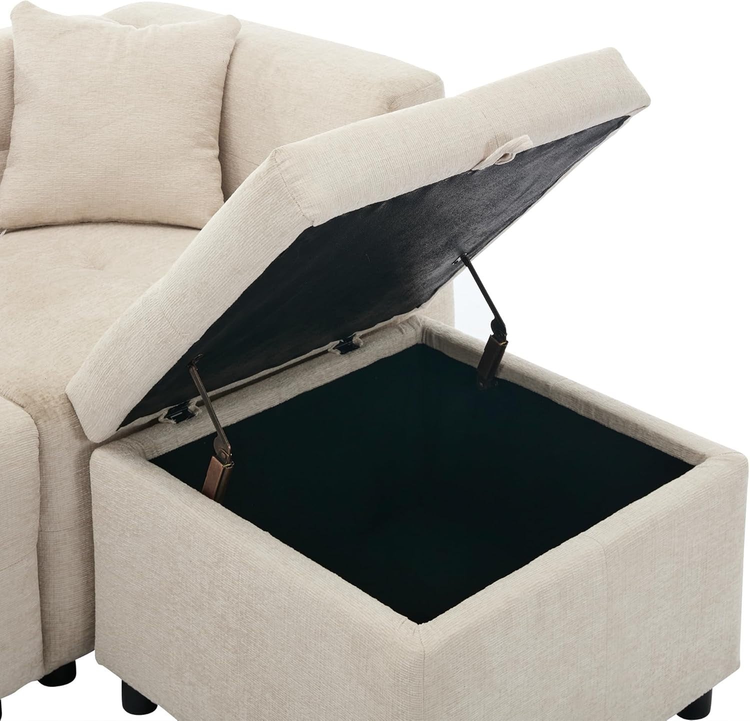 Beige L Shaped Sofa w/ Storage Ottoman 4 Seater Couch for Small Spaces