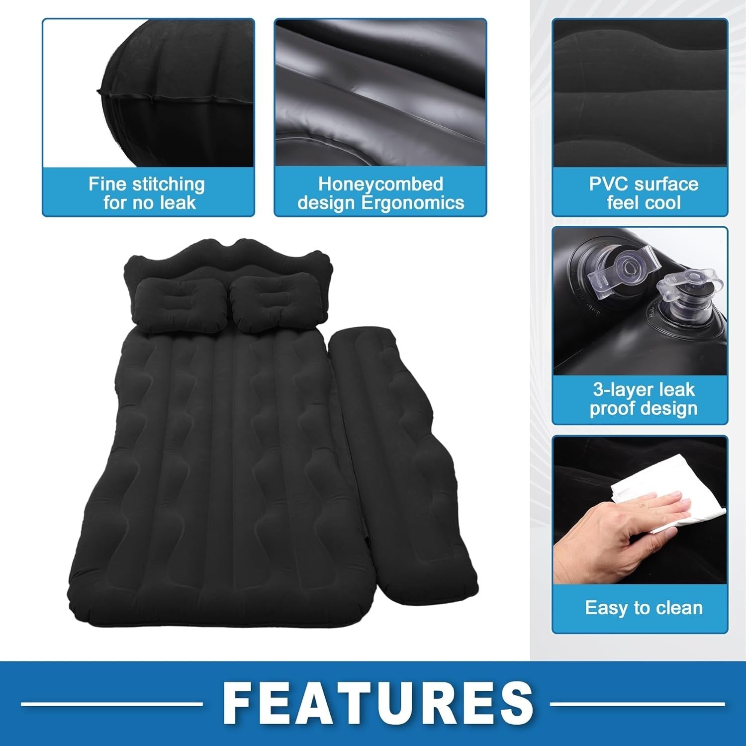 Car Air Mattress Back Seat Bed 170x110x14cm PVC Inflatable Travel Mat Black