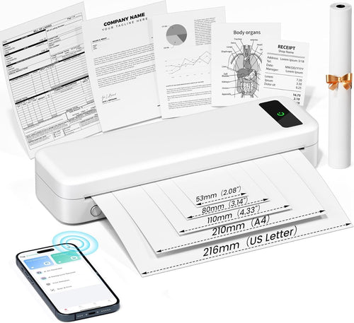 White Portable Thermal Printer A4 Wireless Bluetooth Inkless Receipt Printer