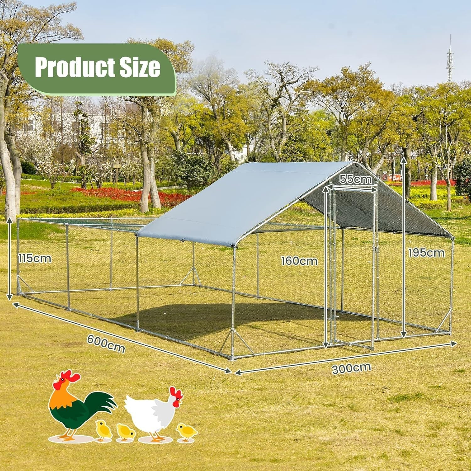 Extra Large Walk In Poultry Run Galvanised Steel Cage Waterproof Roof 6x3m