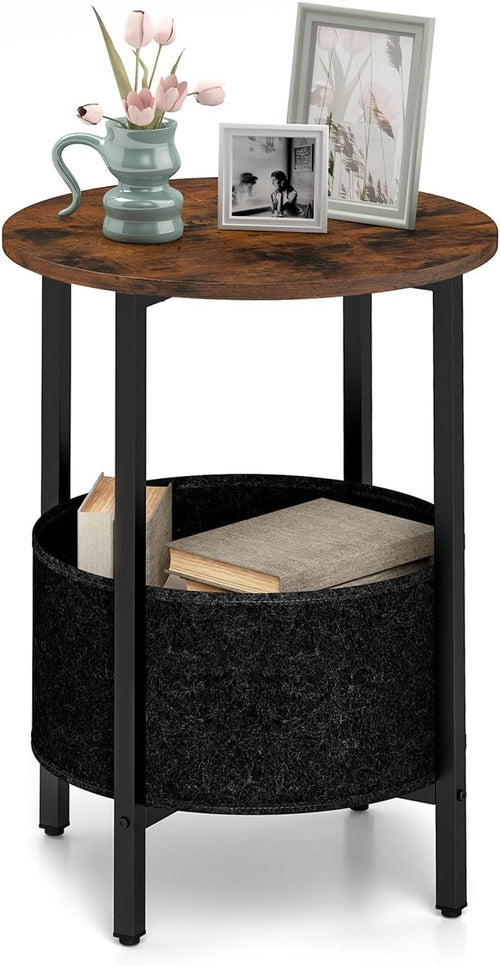 Round Rustic Bedside Table with Fabric Storage Basket & Metal Frame – 2-Tier Sid