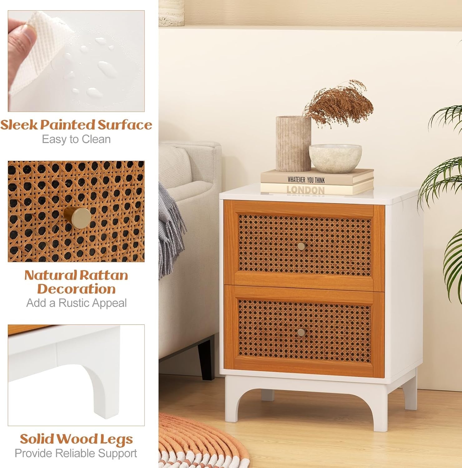 Rattan Bedside Table with Storage Drawers – Modern Wooden Nightstand 46×33×60cm