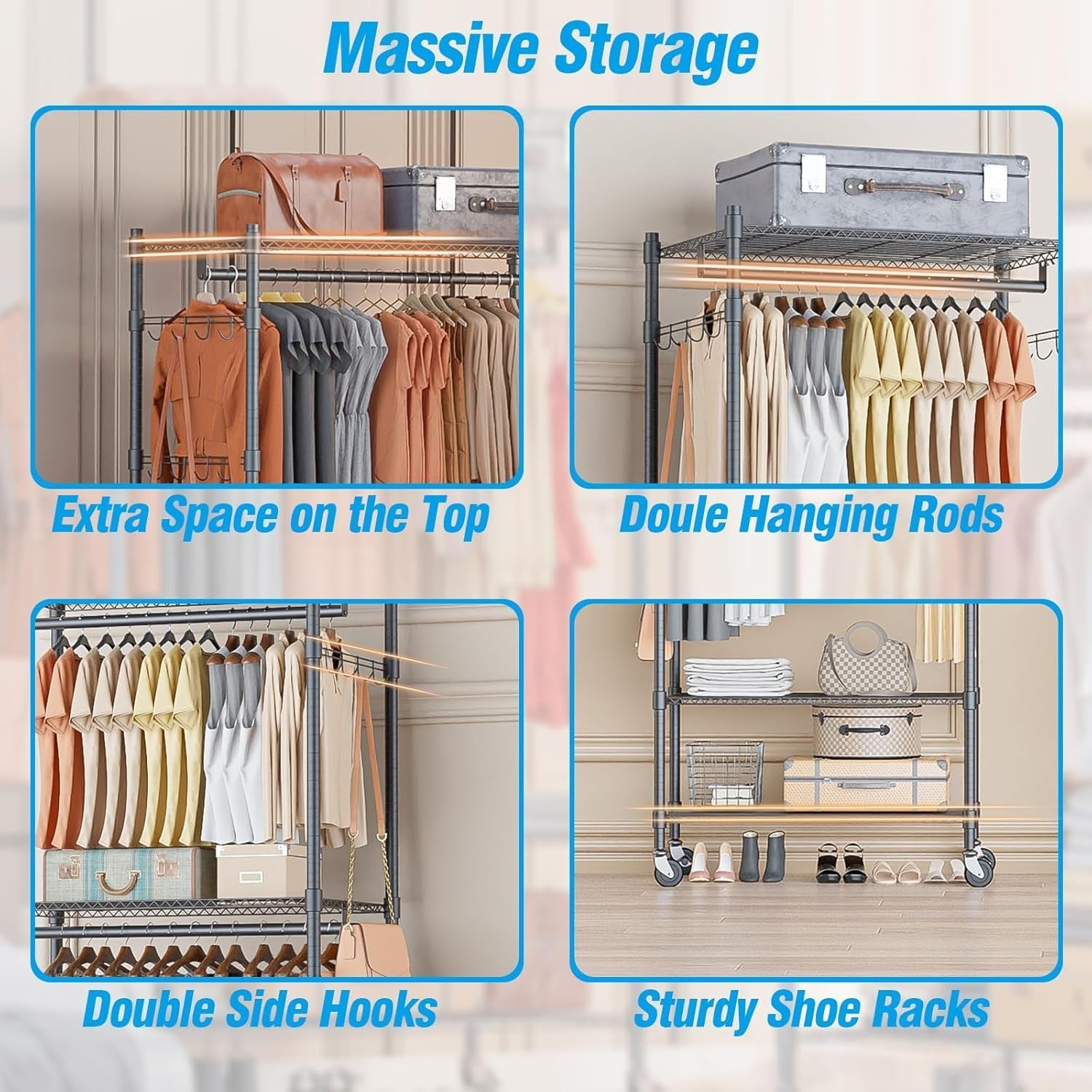 Heavy Duty 3-Tier Double Rod Clothes Rail with Wheels – Grey 205cm