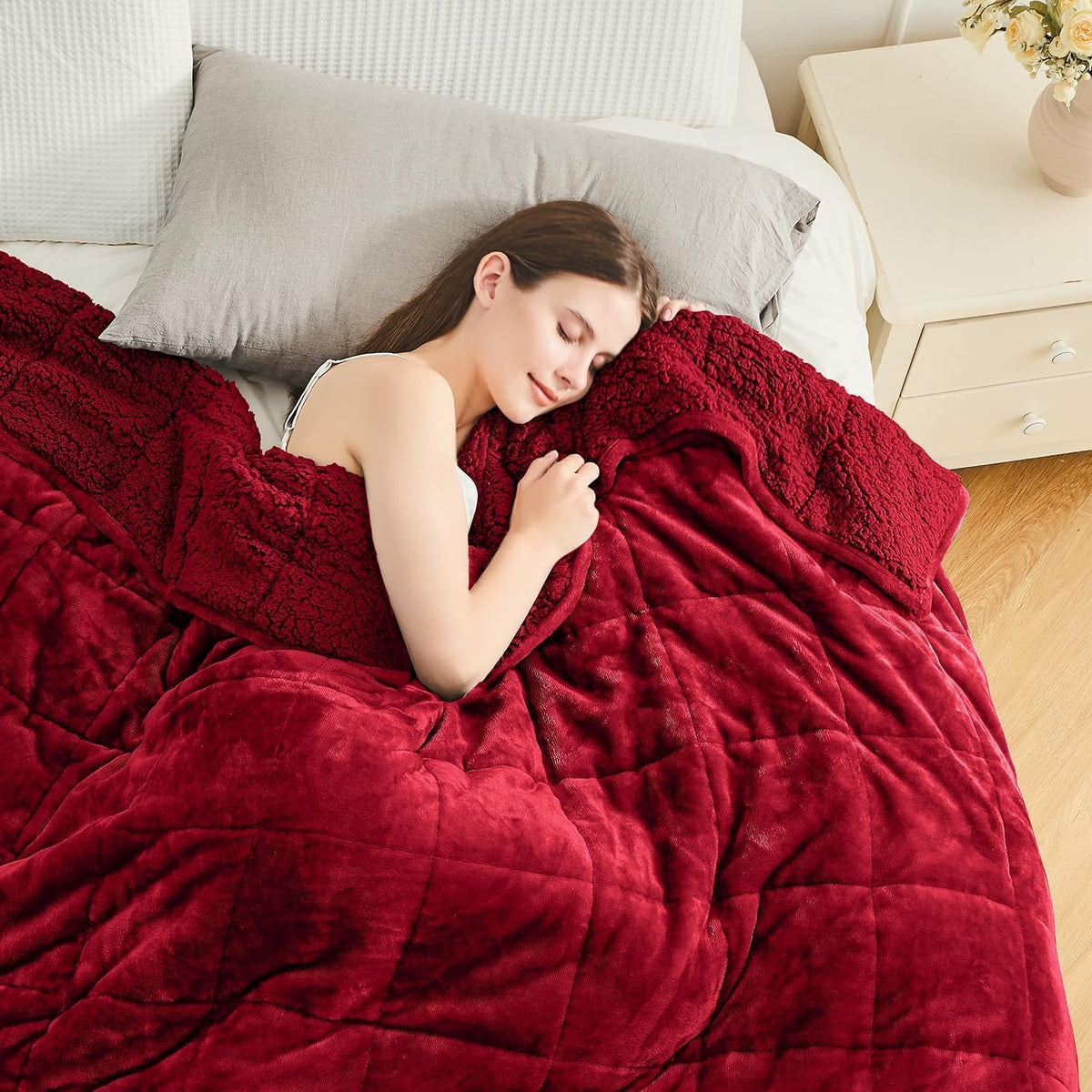 15lb Weighted Blanket 60x80 Sherpa Fleece Cozy Sleep Aid Burgundy Queen/Twi
