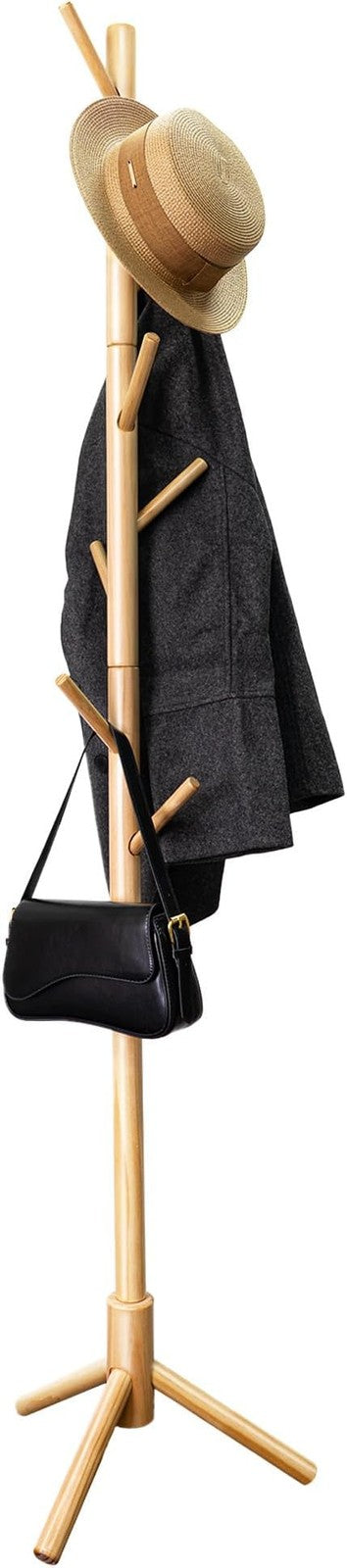 Bamboo Coat Rack Freestanding with 8 Hooks | Wooden Hall Tree Stand for Entryway
