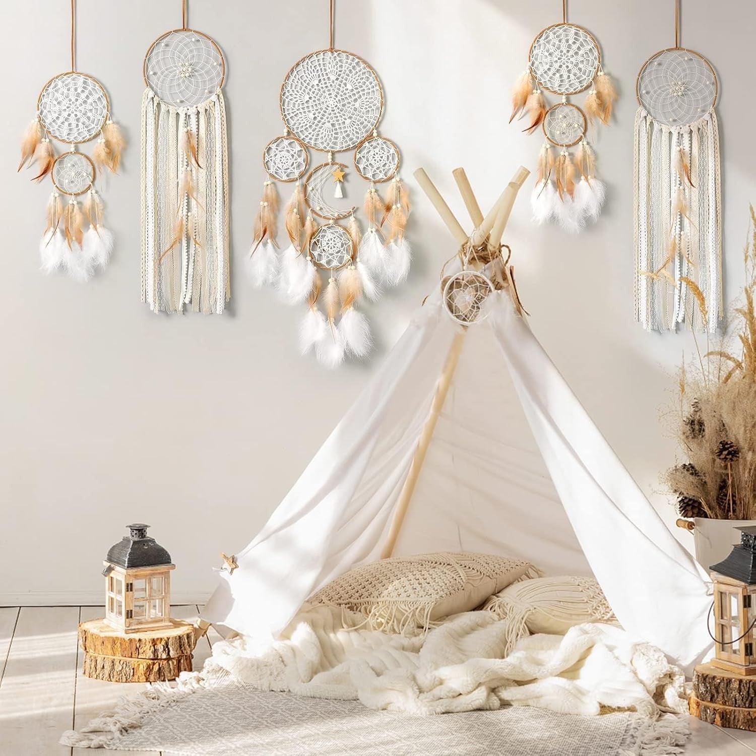 5pcs Boho Dream Catcher Set Macrame Wall Hanging Moon Star Decor