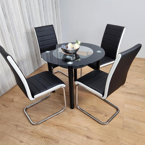 Round Glass Dining Table Set 4 Faux Leather Chairs Modern Kitchen