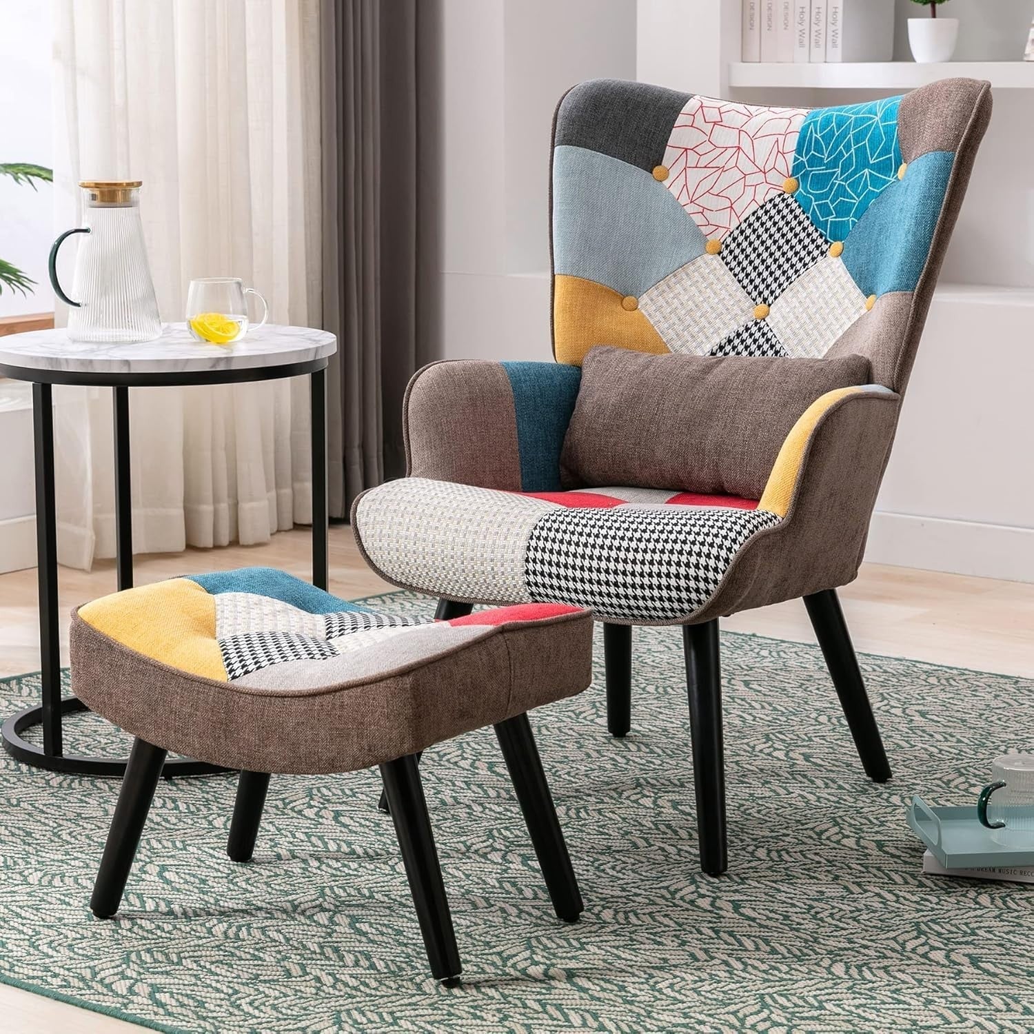 Patchwork Accent Chair & Ottoman Lounge Set | Retro Armchair for Reading