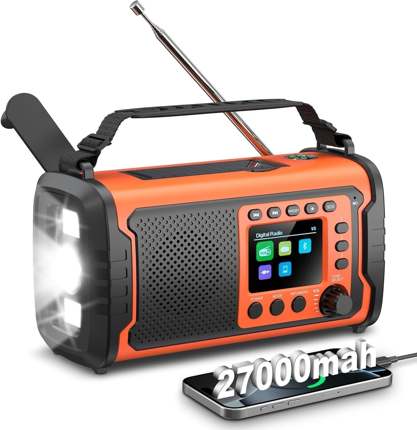 Portable DAB Radio with 27000mAh Battery | Bluetooth, FM, SOS, Torch