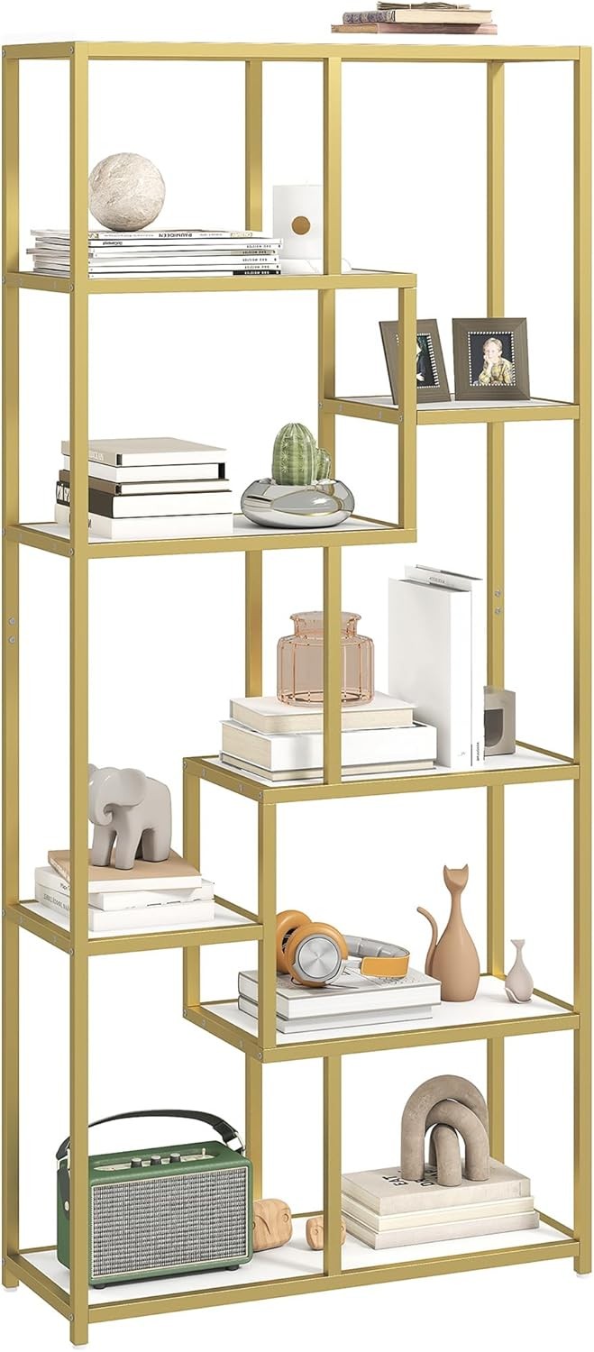 7-Tier Gold Geometric Bookcase | Modern Display Shelf Unit for Living Room & Off